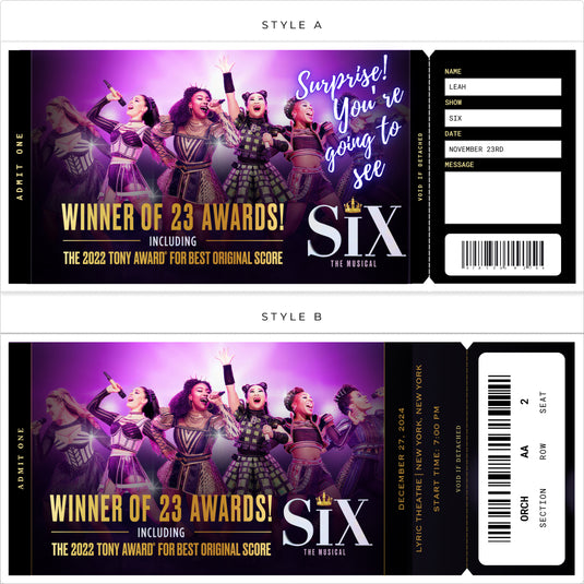 Six the Musical Broadway Printed Gift Souvenir Tickets